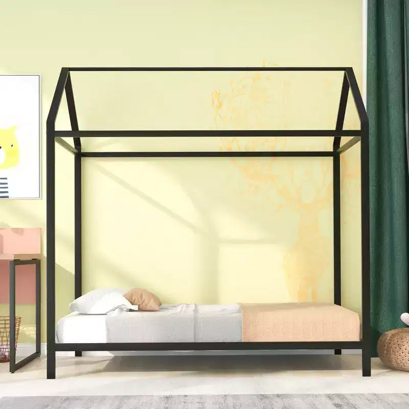Lit double pour enfants, lit au sol Montessori, cadre de lit plateforme en métal, lit au sol pour garçons et filles, noir