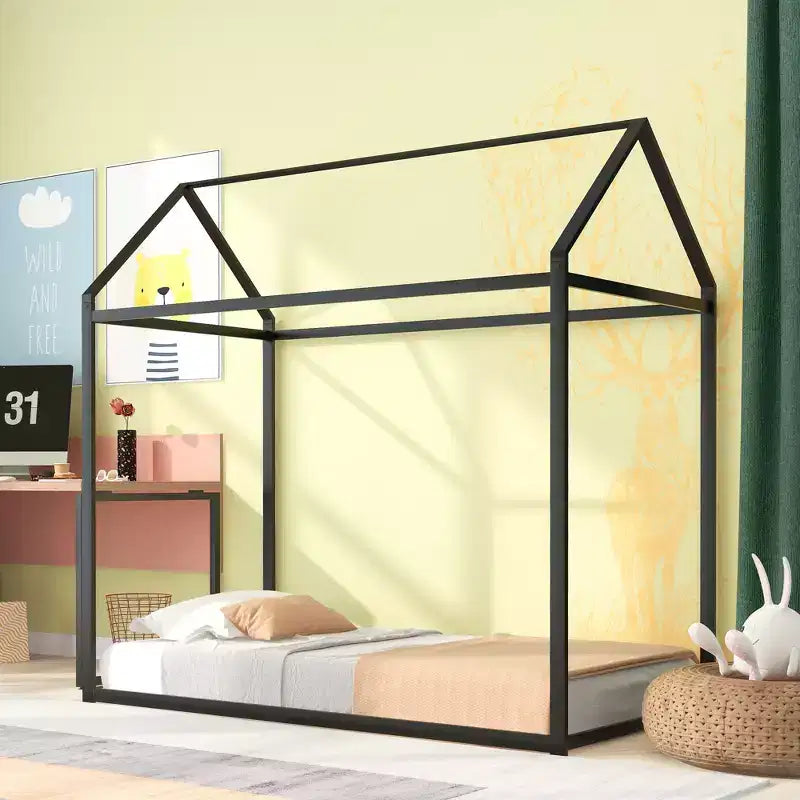 Lit double pour enfants, lit au sol Montessori, cadre de lit plateforme en métal, lit au sol pour garçons et filles, noir