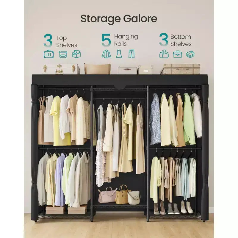 Portant à vêtements robuste avec 5 tringles et 6 étagères en maille, capacité de 233 kg, placard portable, assemblage sans outil, noir encre