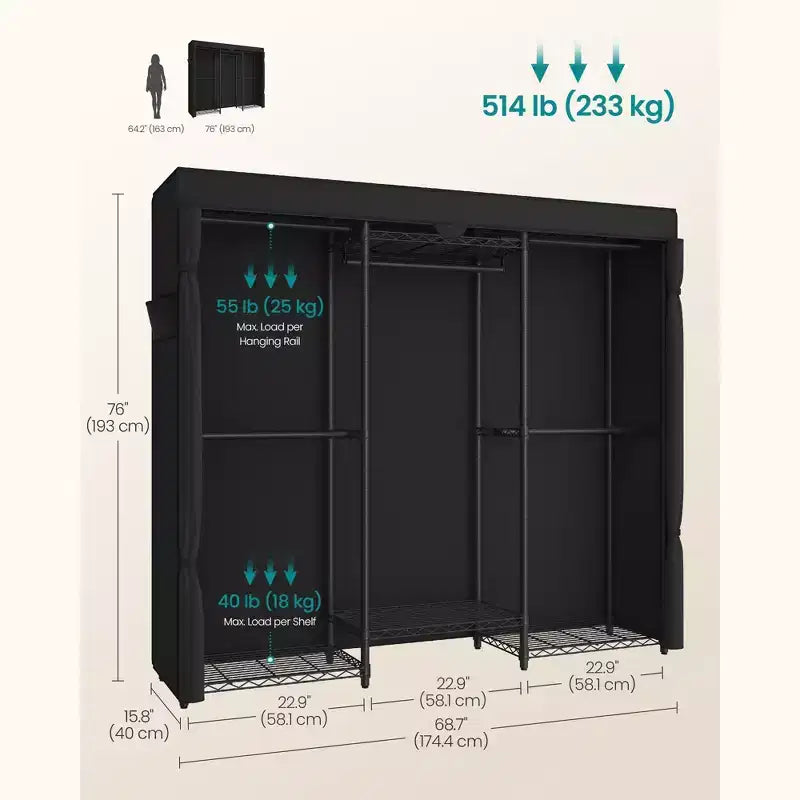 Portant à vêtements robuste avec 5 tringles et 6 étagères en maille, capacité de 233 kg, placard portable, assemblage sans outil, noir encre