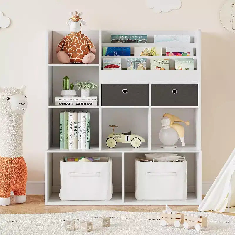 Étagère à livres en bois pour enfants de 47,8 pouces avec 4 tiroirs - Organisateur de jouets et bibliothèque de rangement pour salle de jeux et salle de classe