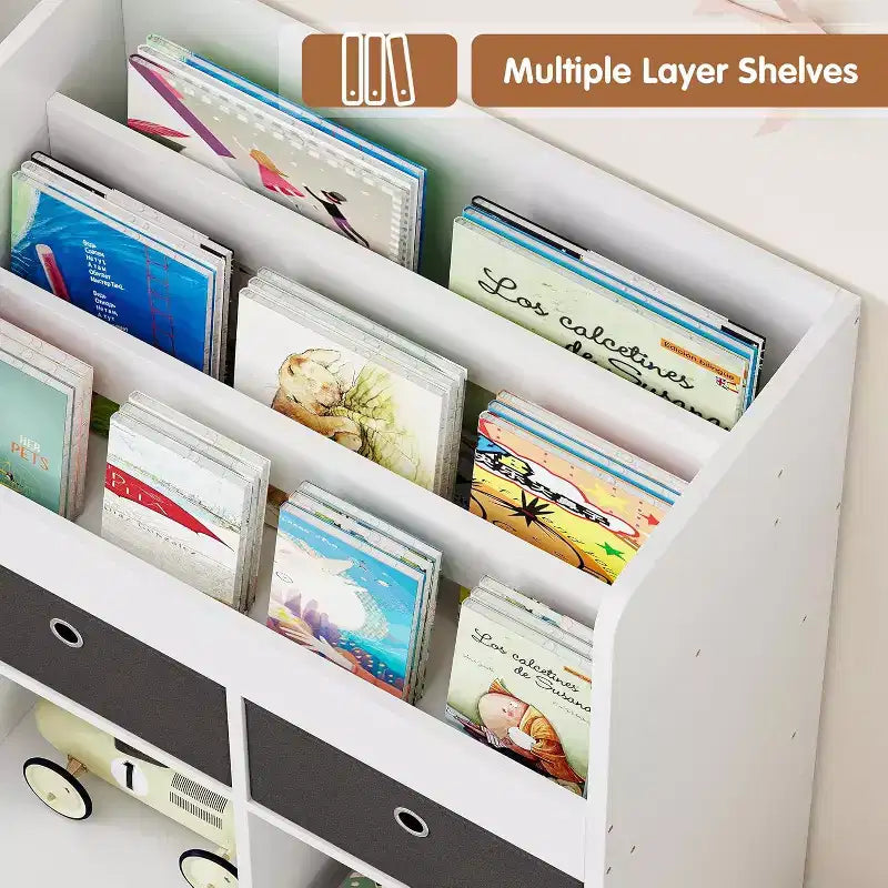 Étagère à livres en bois pour enfants de 47,8 pouces avec 4 tiroirs - Organisateur de jouets et bibliothèque de rangement pour salle de jeux et salle de classe