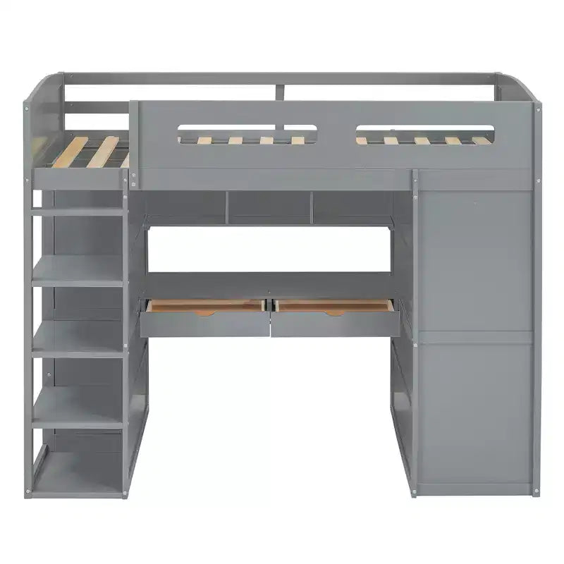 Lit mezzanine double avec bureau, armoire, tiroirs et étagères, lit gain de place en bois pour enfants, adolescents et adultes, gris