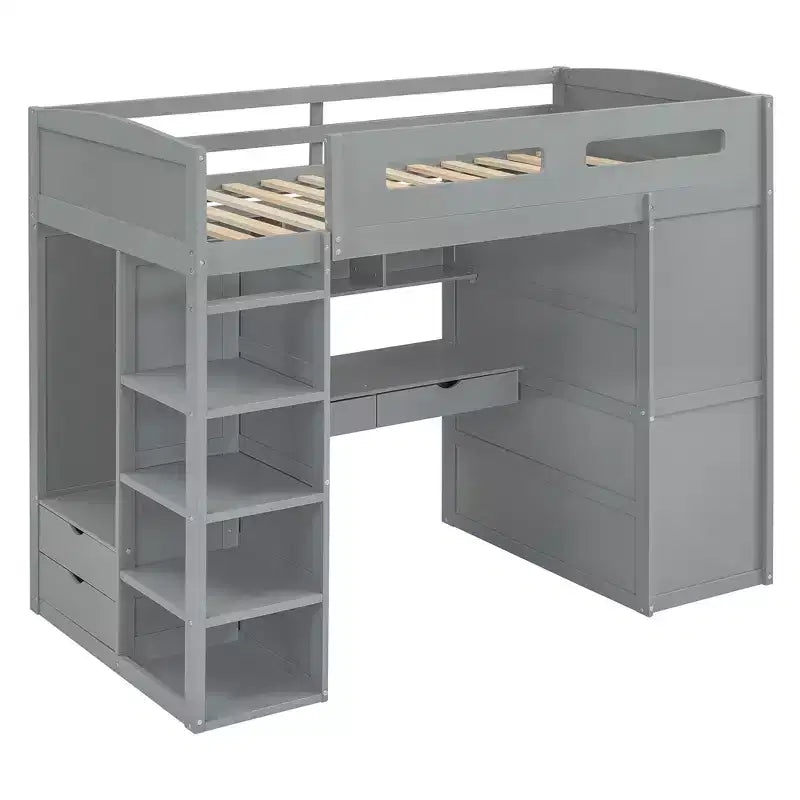 Lit mezzanine double avec bureau, armoire, tiroirs et étagères, lit gain de place en bois pour enfants, adolescents et adultes, gris