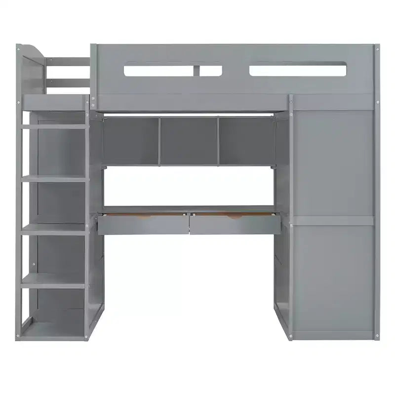 Lit mezzanine double avec bureau, armoire, tiroirs et étagères, lit gain de place en bois pour enfants, adolescents et adultes, gris