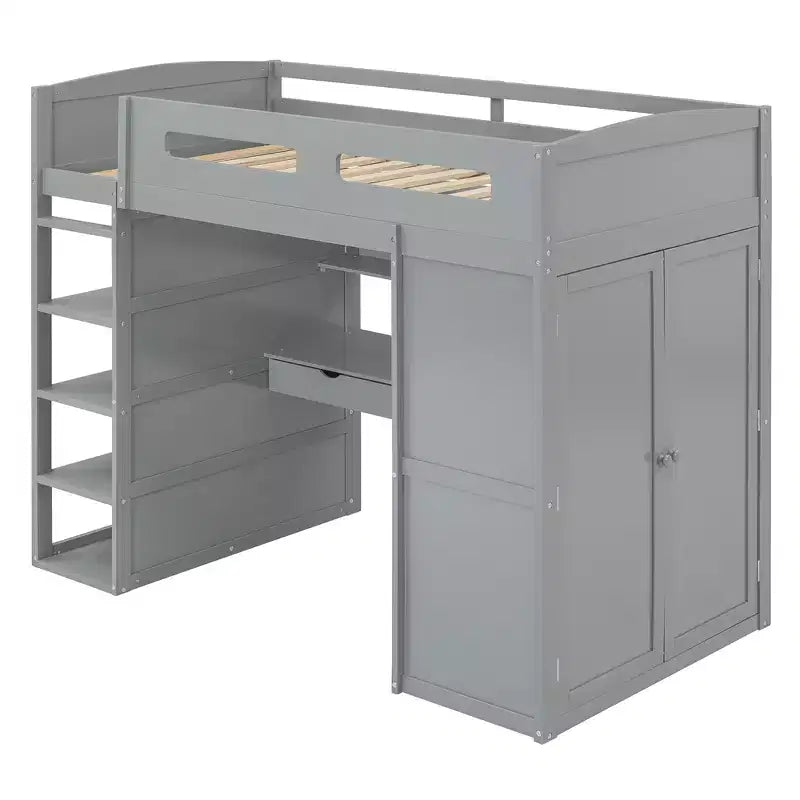 Lit mezzanine double avec bureau, armoire, tiroirs et étagères, lit gain de place en bois pour enfants, adolescents et adultes, gris