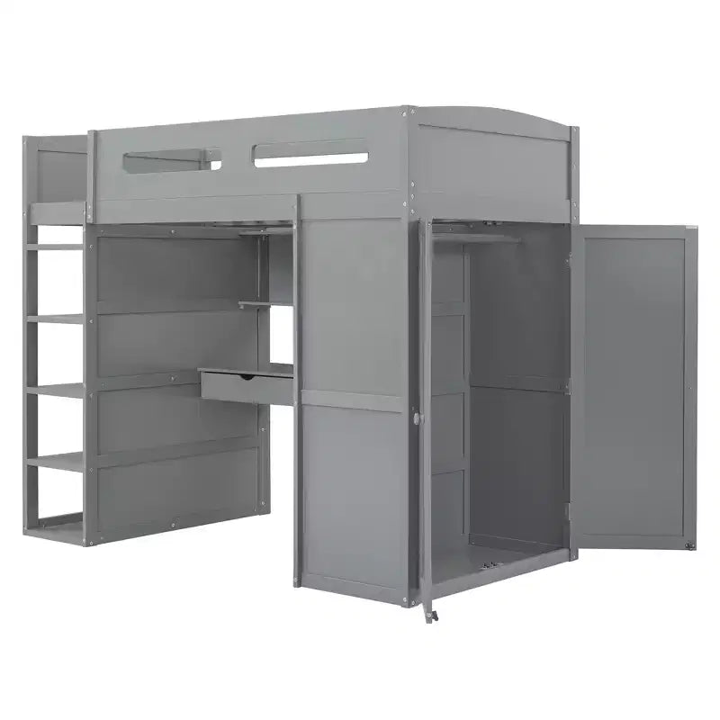 Lit mezzanine double avec bureau, armoire, tiroirs et étagères, lit gain de place en bois pour enfants, adolescents et adultes, gris