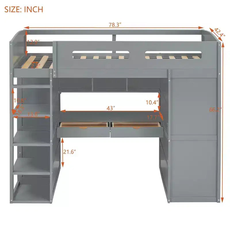 Lit mezzanine double avec bureau, armoire, tiroirs et étagères, lit gain de place en bois pour enfants, adolescents et adultes, gris