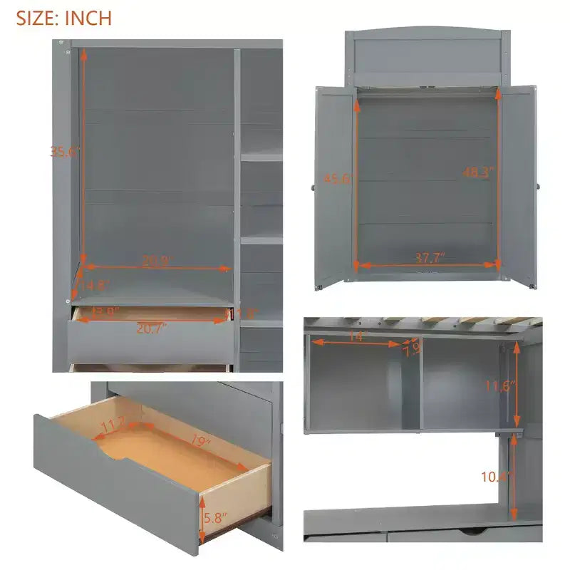 Lit mezzanine double avec bureau, armoire, tiroirs et étagères, lit gain de place en bois pour enfants, adolescents et adultes, gris