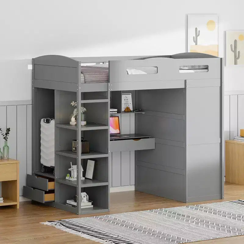 Lit mezzanine double avec bureau, armoire, tiroirs et étagères, lit gain de place en bois pour enfants, adolescents et adultes, gris