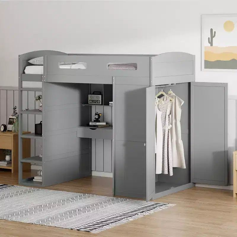 Lit mezzanine double avec bureau, armoire, tiroirs et étagères, lit gain de place en bois pour enfants, adolescents et adultes, gris