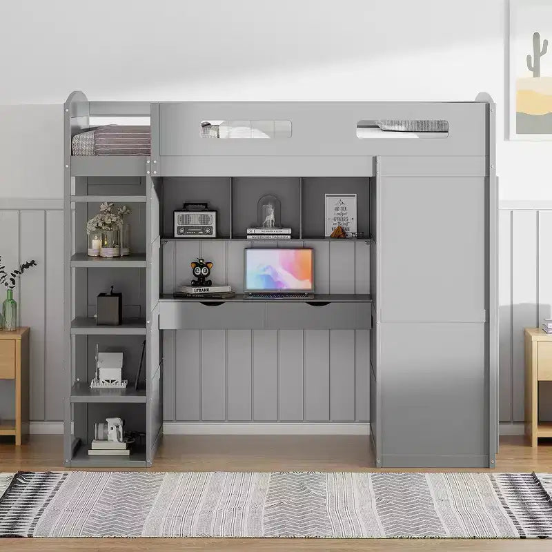 Lit mezzanine double avec bureau, armoire, tiroirs et étagères, lit gain de place en bois pour enfants, adolescents et adultes, gris