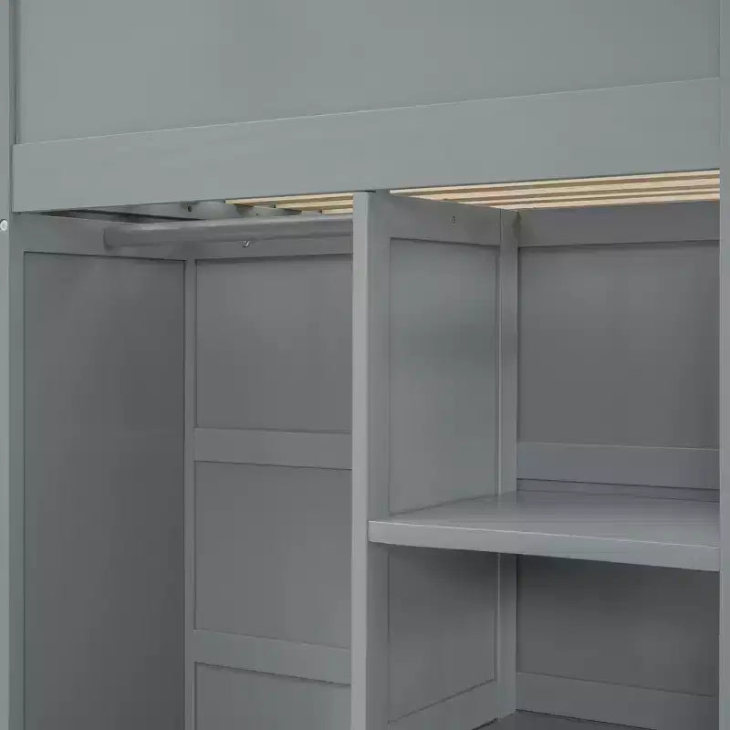 Lit mezzanine double avec bureau, armoire, tiroirs et étagères, lit gain de place en bois pour enfants, adolescents et adultes, gris