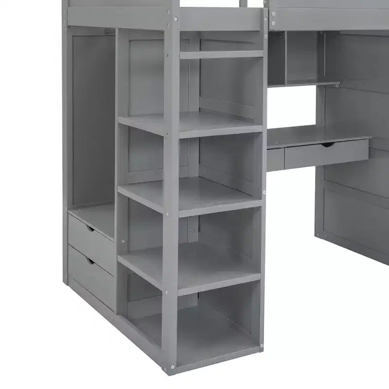 Lit mezzanine double avec bureau, armoire, tiroirs et étagères, lit gain de place en bois pour enfants, adolescents et adultes, gris