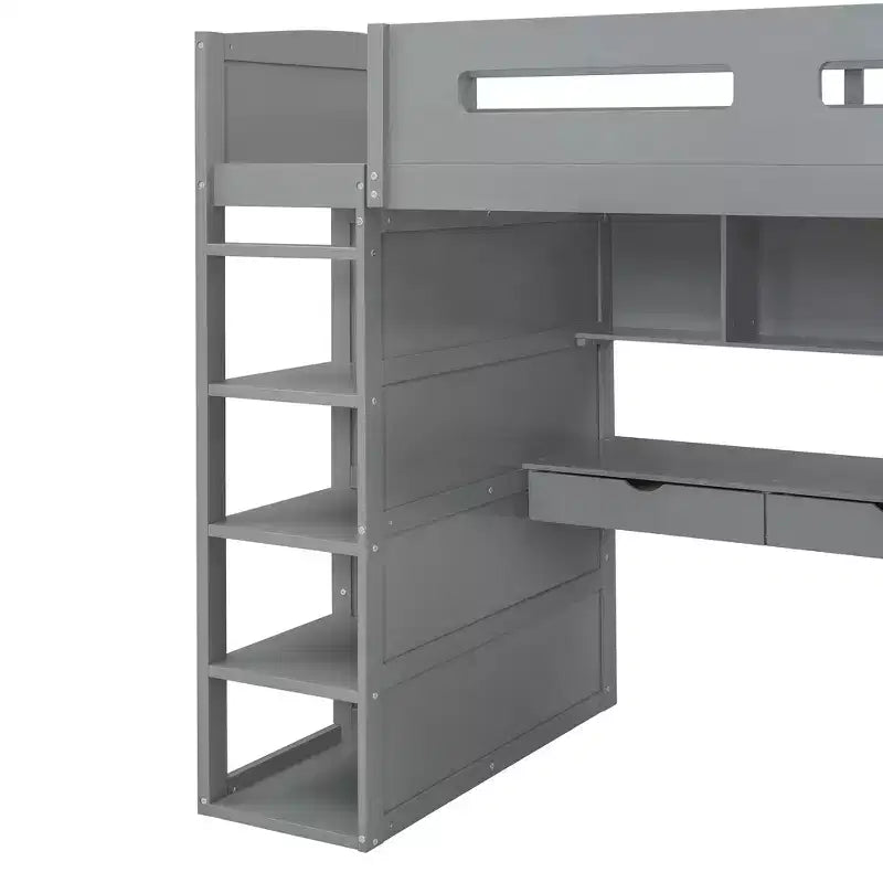 Lit mezzanine double avec bureau, armoire, tiroirs et étagères, lit gain de place en bois pour enfants, adolescents et adultes, gris