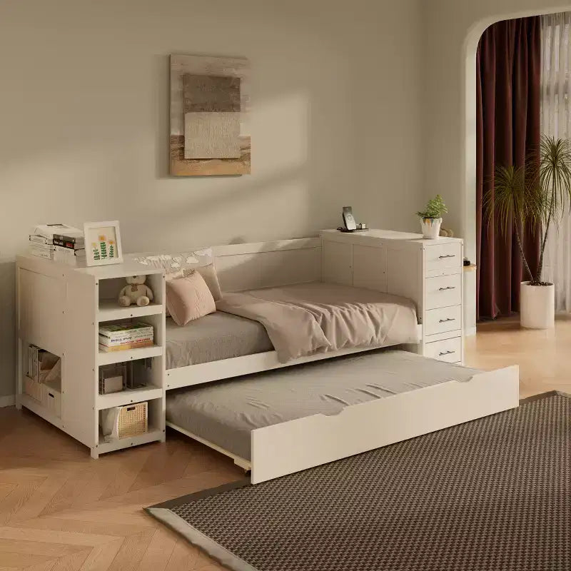Lit de repos double en bois avec lit gigogne et tiroirs de rangement
