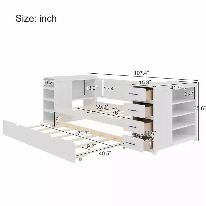 Lit de repos double en bois avec lit gigogne et tiroirs de rangement