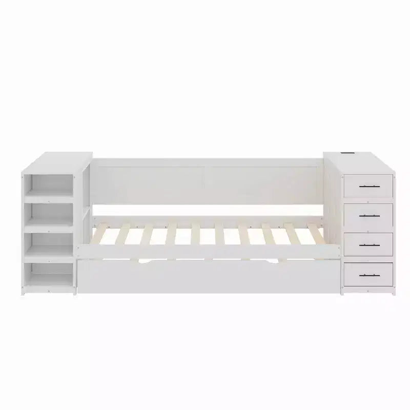 Lit de repos double en bois avec lit gigogne et tiroirs de rangement