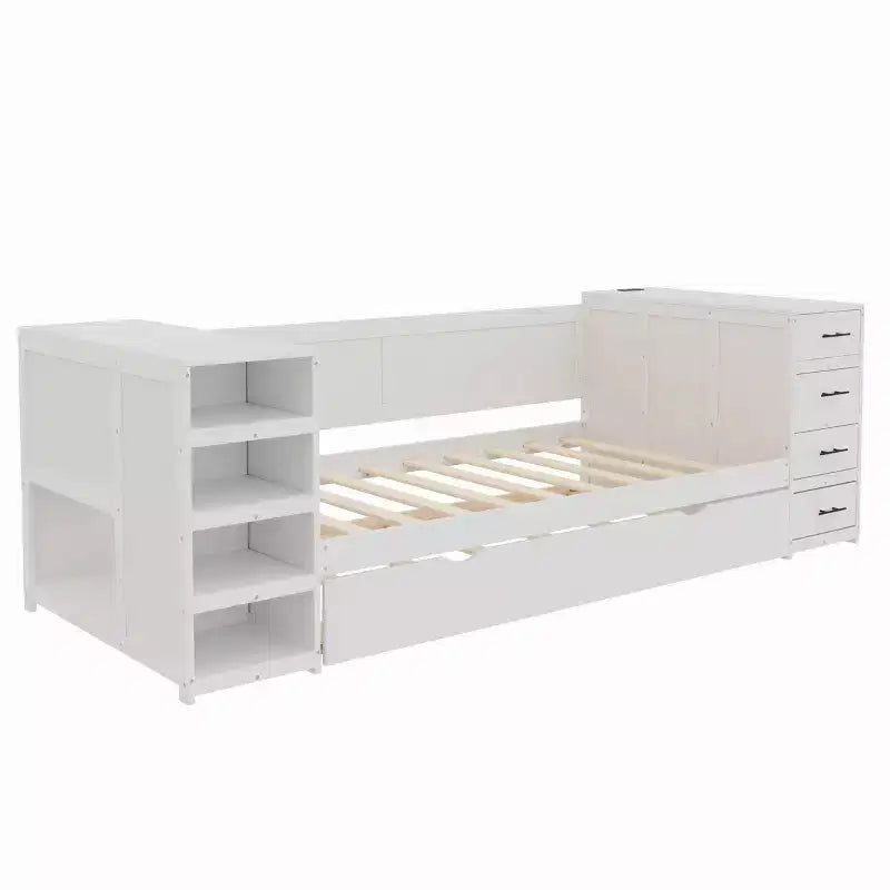 Lit de repos double en bois avec lit gigogne et tiroirs de rangement