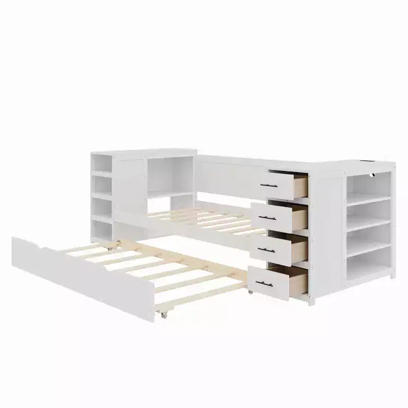Lit de repos double en bois avec lit gigogne et tiroirs de rangement