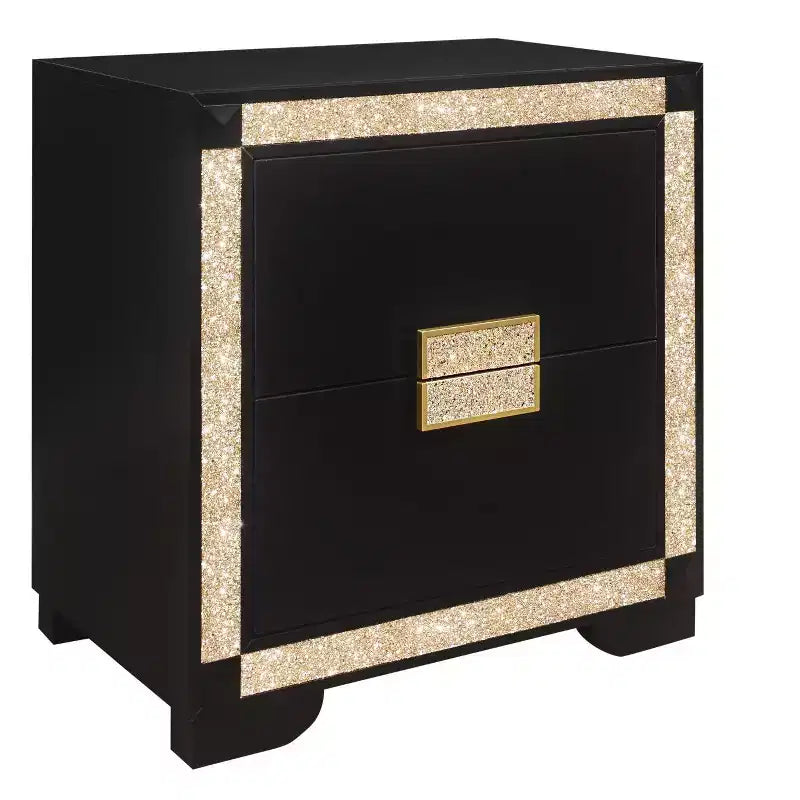Table de chevet en bois noir et or à deux tiroirs avec fausse poignée en cristal bling-bling
