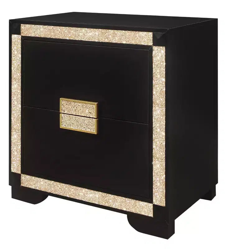 Table de chevet en bois noir et or à deux tiroirs avec fausse poignée en cristal bling-bling