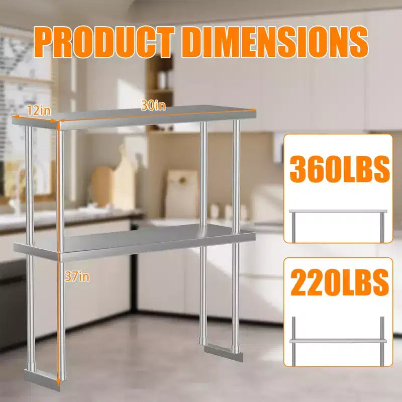 Étagère supérieure en acier inoxydable 12x30 pour table de préparation et de travail, capacité de 163 kg, 2 niveaux, double étagère supérieure réglable pour restaurant, cuisine