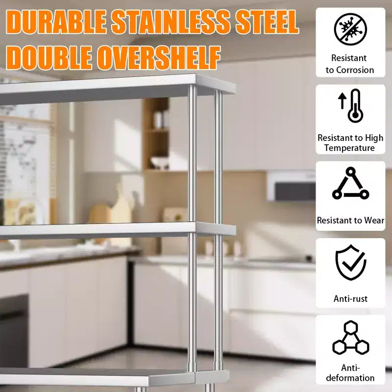 Étagère supérieure en acier inoxydable 12x30 pour table de préparation et de travail, capacité de 163 kg, 2 niveaux, double étagère supérieure réglable pour restaurant, cuisine