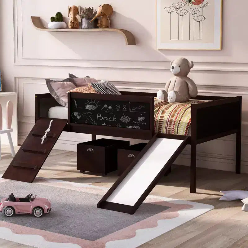 Bellemave Twin Low Loft Bed with Slide, Climbing Frame & Chalkboard, Kids Wood Loft Bed with 2 Storage Boxes, Espresso
