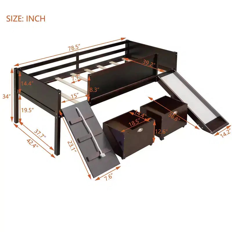 Lit mezzanine bas pour enfant avec toboggan, mur d'escalade et tableau, lit mezzanine en bois avec 2 boîtes de rangement, couleur expresso