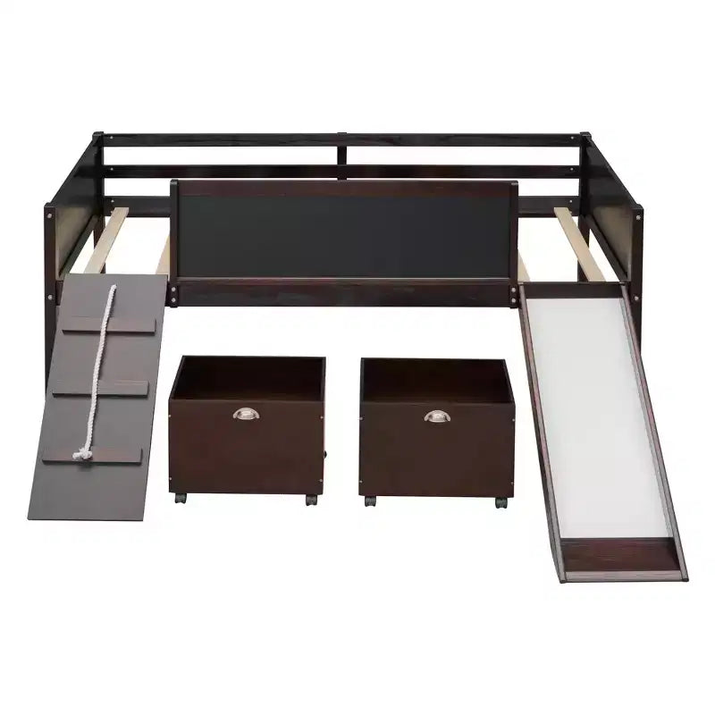 Lit mezzanine bas pour enfant avec toboggan, mur d'escalade et tableau, lit mezzanine en bois avec 2 boîtes de rangement, couleur expresso