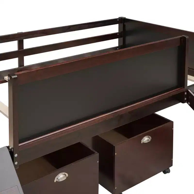 Lit mezzanine bas pour enfant avec toboggan, mur d'escalade et tableau, lit mezzanine en bois avec 2 boîtes de rangement, couleur expresso