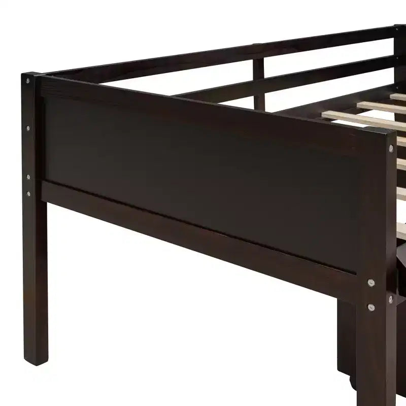 Lit mezzanine bas pour enfant avec toboggan, mur d'escalade et tableau, lit mezzanine en bois avec 2 boîtes de rangement, couleur expresso