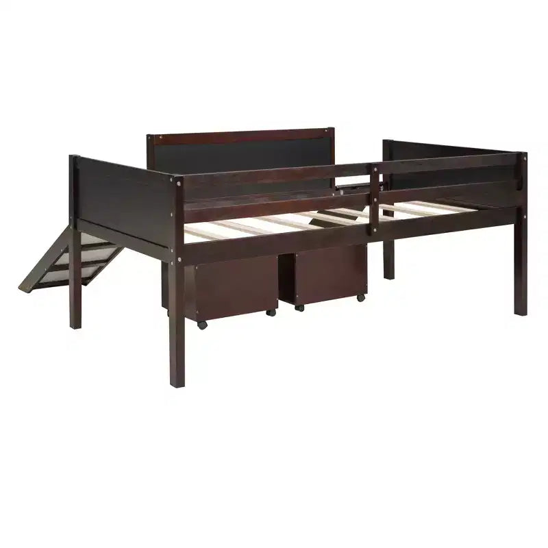 Lit mezzanine bas pour enfant avec toboggan, mur d'escalade et tableau, lit mezzanine en bois avec 2 boîtes de rangement, couleur expresso