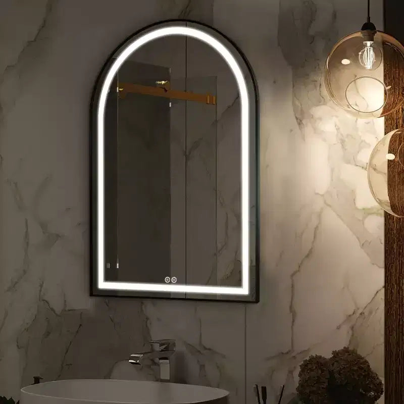 Miroir de salle de bain arqué en alliage d'aluminium avec fonction désembuage encadrée pour salle de bain Noir