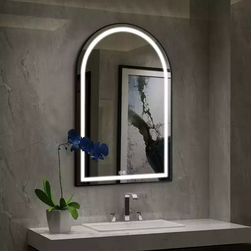 Miroir de salle de bain arqué en alliage d'aluminium avec fonction désembuage encadrée pour salle de bain Noir