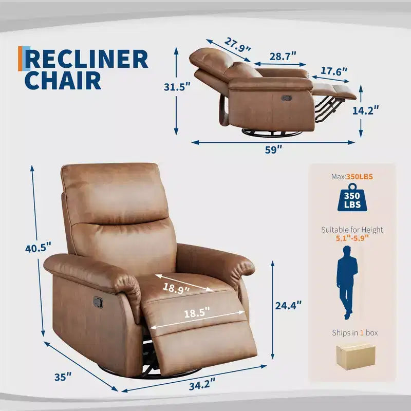 Fauteuil inclinable, pivotant et à bascule en cuir, avec support lombaire et accoudoirs rembourrés, fauteuil berçant confortable pour salon et chambre de bébé