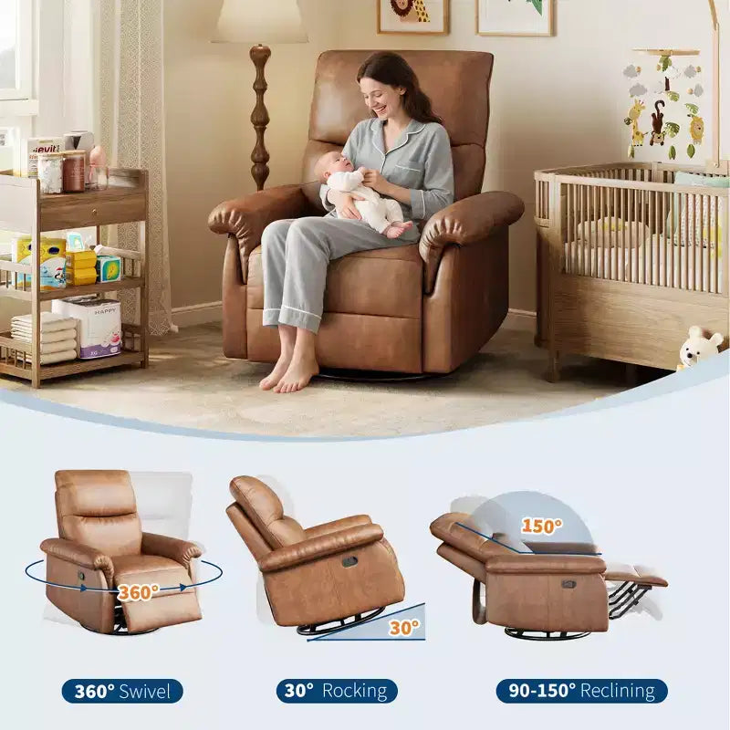 Fauteuil inclinable, pivotant et à bascule en cuir, avec support lombaire et accoudoirs rembourrés, fauteuil berçant confortable pour salon et chambre de bébé