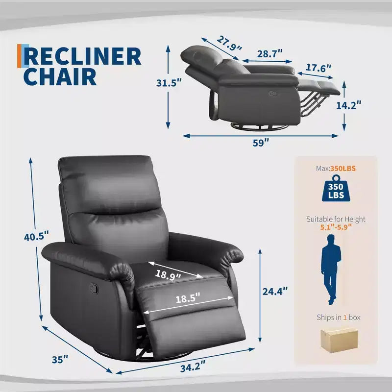 Fauteuil inclinable, pivotant et à bascule en cuir, avec support lombaire et accoudoirs rembourrés, fauteuil berçant confortable pour salon et chambre de bébé