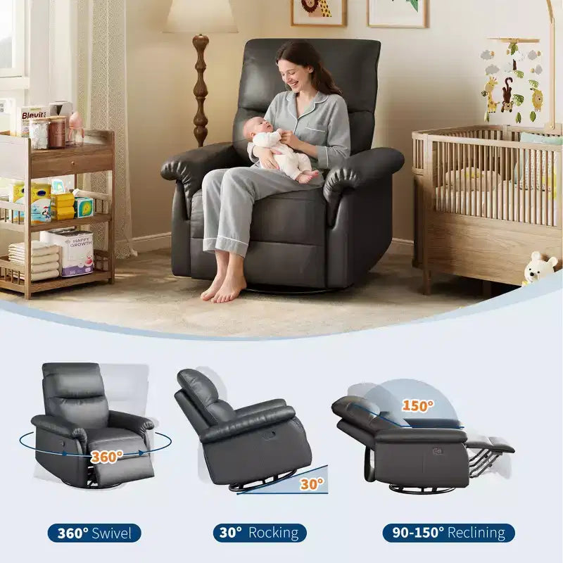 Fauteuil inclinable, pivotant et à bascule en cuir, avec support lombaire et accoudoirs rembourrés, fauteuil berçant confortable pour salon et chambre de bébé