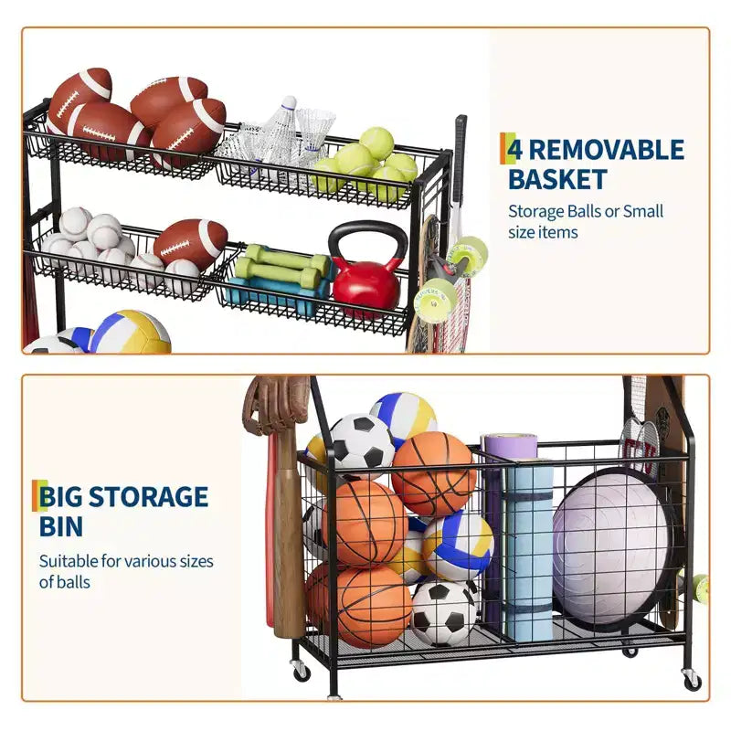 Organisateur d'équipement sportif, grand chariot de rangement de jouets sportifs de garage avec crochets et paniers, chariot à roulettes pour ballons