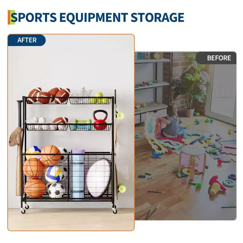 Organisateur d'équipement sportif, grand chariot de rangement de jouets sportifs de garage avec crochets et paniers, chariot à roulettes pour ballons