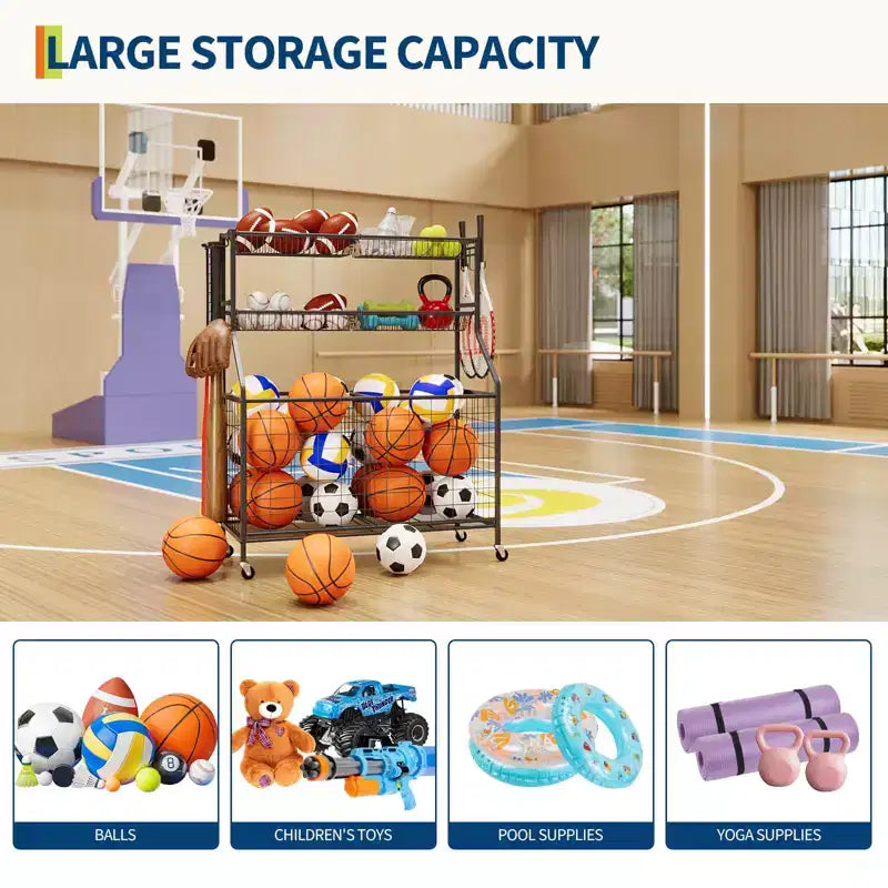 Organisateur d'équipement sportif, grand chariot de rangement de jouets sportifs de garage avec crochets et paniers, chariot à roulettes pour ballons