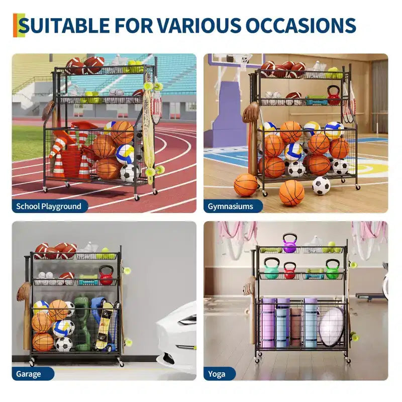 Organisateur d'équipement sportif, grand chariot de rangement de jouets sportifs de garage avec crochets et paniers, chariot à roulettes pour ballons