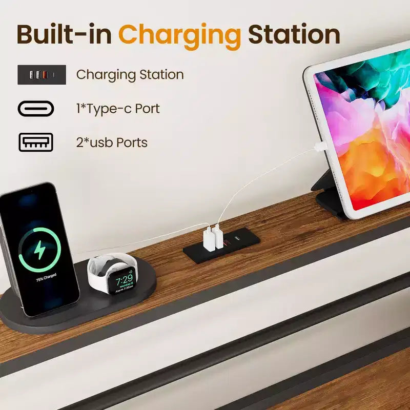 Cadre de lit avec station de recharge, lit plateforme avec lattes métalliques, tête de lit rembourrée avec étagères de rangement, noir