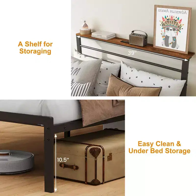 Cadre de lit avec station de recharge, lit plateforme avec lattes métalliques, tête de lit rembourrée avec étagères de rangement, noir