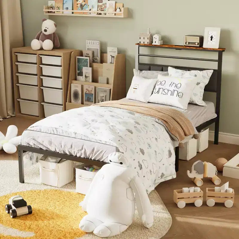 Cadre de lit avec station de recharge, lit plateforme avec lattes métalliques, tête de lit rembourrée avec étagères de rangement, noir