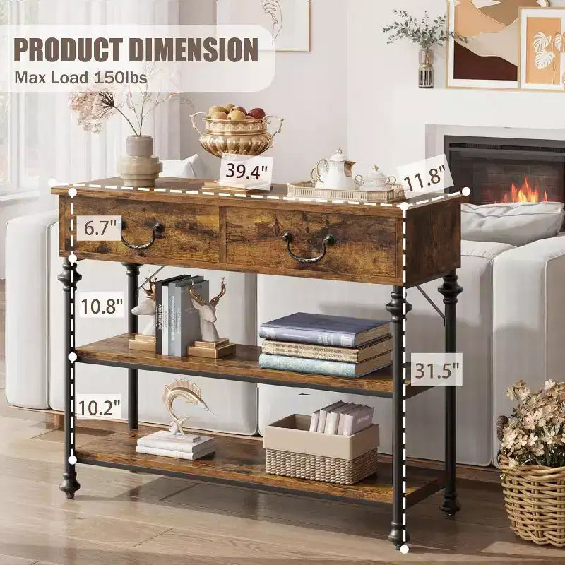 Console étroite avec 2 tiroirs et étagères de rangement, petite table d'entrée pour salon, couloir, table de canapé, design peu encombrant