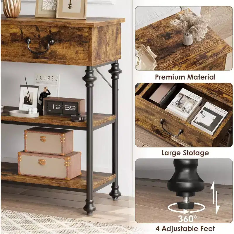 Console étroite avec 2 tiroirs et étagères de rangement, petite table d'entrée pour salon, couloir, table de canapé, design peu encombrant