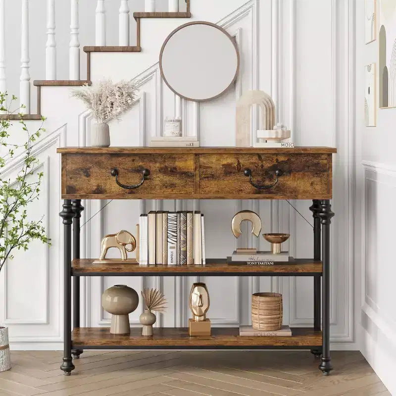 Console étroite avec 2 tiroirs et étagères de rangement, petite table d'entrée pour salon, couloir, table de canapé, design peu encombrant